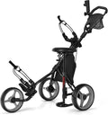 Tangkula Golf Push Pull Cart with Seat, Lightweight Foldable Collapsible 3 Wheels Push Cart, Golf Trolley with Foot Brake, Adjustable Umbrella Holder & Seat, 4 Height Position Handle