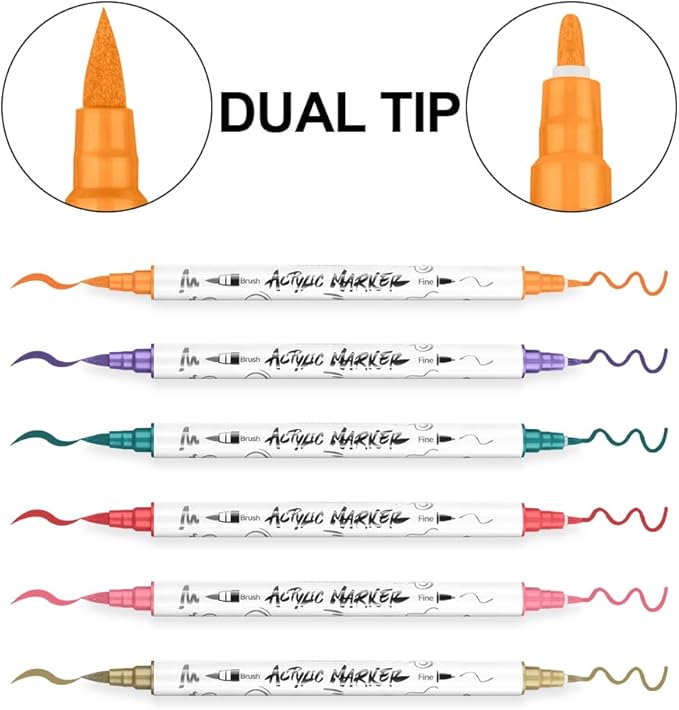 TRANSON 12 Colors Fine and Brush Dual-tip Acrylic Paint Marker Pen Set - Image 4