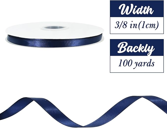 TONIFUL 3/8 Inch x 100yds Dark Blue Satin Ribbon Thin Solid Fabric Ribbon Roll - Image 2