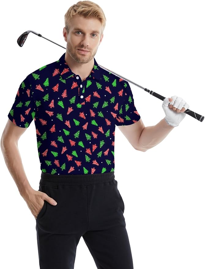 HUURAY Funny Golf Polos for Men Funny Print Short Sleeve Shirts Quick Dry Polo Shirts Hawaiian Shirt Performance Golf Outfits