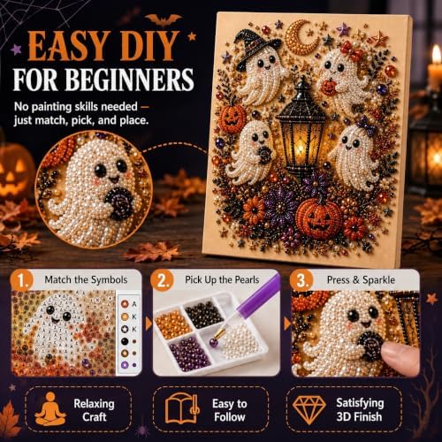 3 PCS Halloween Ghost Pearl Diamond Painting Art Kit for Adults 3D DIY Bead
