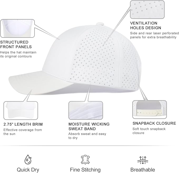 VOBOOM Men Quick Dry Baseball Cap Laser Cut Mesh Ball Curved Brim Snapback Hat