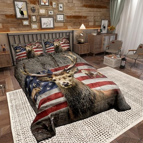 American Flag Deer Comforter Set Twin Size, Kids Boys Room Decor Brown Wildlife Animal and Trees Theme Bedding Comforters, Colorful USA Flag Print Natural Duvet Set with 1 Pillowcase, Soft