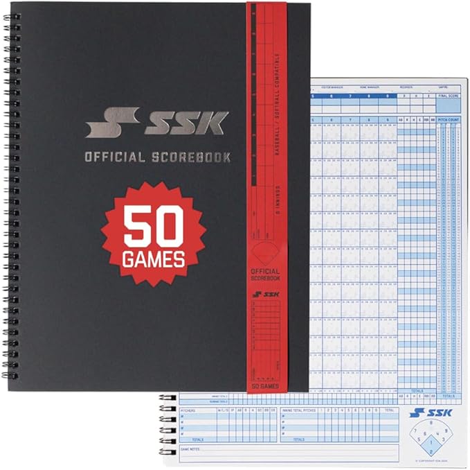 SSK 50 Game Official Scorebook Baseball + Softball – Premium Cover Score Keeping Book – 15 Player - Home + Away Team – 9.25”x12”
