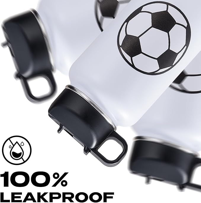 Soccer Water Bottles for Boys 32 oz and 100 PCS Soccer Stickers Sports Insulated Stainless Steel Water Bottle Accessories Stuff Gear Gifts For 8-12 12-14 Player