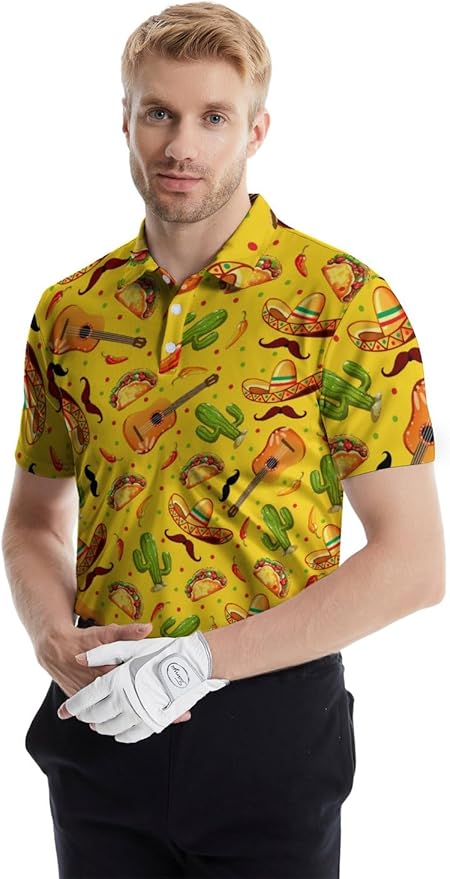 HUURAY Funny Golf Polos for Men Funny Print Short Sleeve Shirts Quick Dry Polo Shirts Hawaiian Shirt Performance Golf Outfits