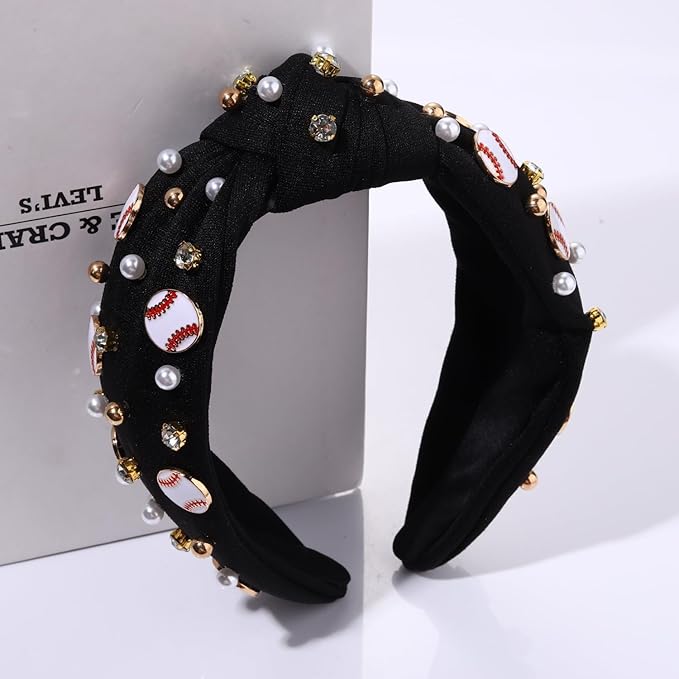 Baseball Headband for Women Baseball Accessories Beaded Crystal Pearl Knotted Headbands Baseball Charm Embellished Headband Wide Top Knot Sports Game Day Headband Gifts (A-Black 2)
