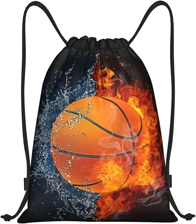 Basketball Drawstring Bags for Kids Boys Girls, Sports-Themed Drawstring Backpack Casual Knapsack for Adults Women Men, Black Draw String Rucksack Bags for Gym Travel Swimming Beach Camping, Small