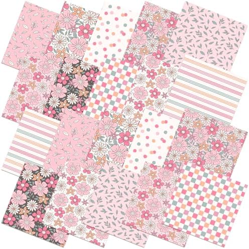 Hahafelt 10 Pcs Fall Retro Pink Floral Quilting Fabric Bundles 20 x 20 Inch