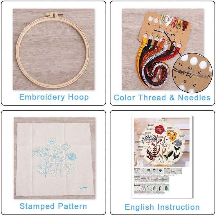 Qupace 3 Pcs Flowers Plants Embroidery Kits for Beginners Adults,Cross Stitch Sewing Craft Set, 3 Embroidery Hoops,3 Finished Stands, Floral Needlework Kit
