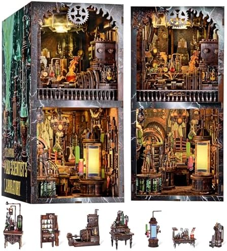 fifijoy Book Nook Kit, DIY Miniature Dollhouse Booknook Kit, 3D Wooden Puzzle Bookend Bookshelf Insert Decor with LED Light for Teens and Adults (Steampunk Mad Scientist Laboratory)
