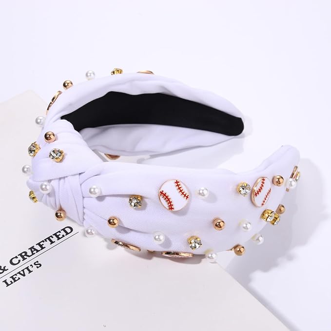Baseball Headband for Women Baseball Accessories Beaded Crystal Pearl Knotted Headbands Baseball Charm Embellished Headbands Wide Top Knot Sports Game Day Headband Gifts (A-White)