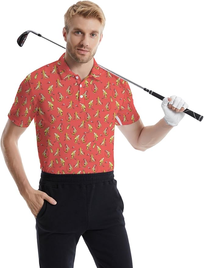 HUURAY Funny Golf Polos for Men Funny Print Short Sleeve Shirts Quick Dry Polo Shirts Hawaiian Shirt Performance Golf Outfits