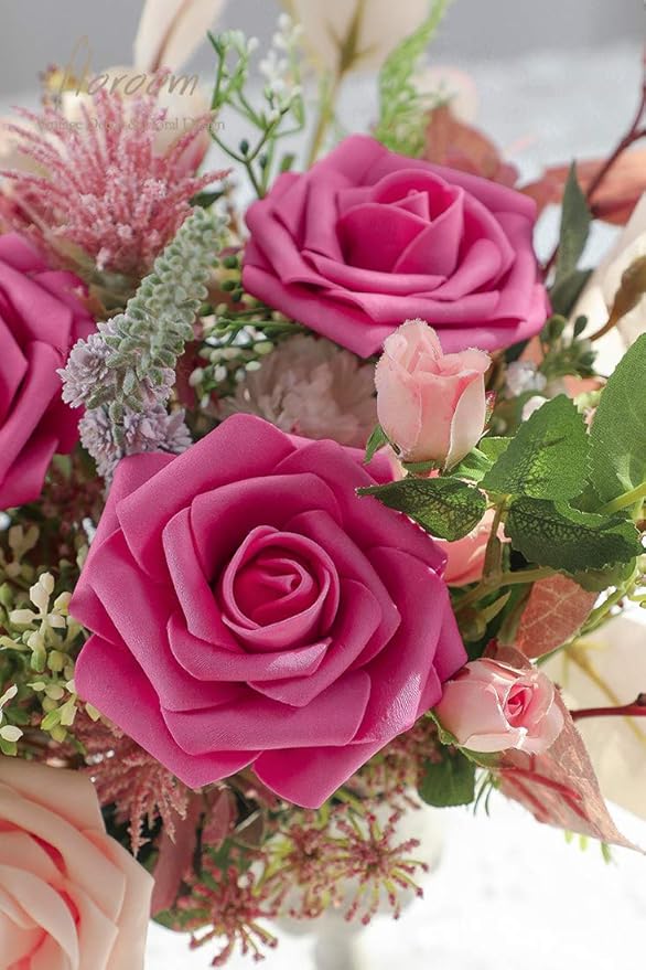 Floroom Artificial Flowers 25pcs Real Looking Hot Pink Foam Fake Roses - Image 3