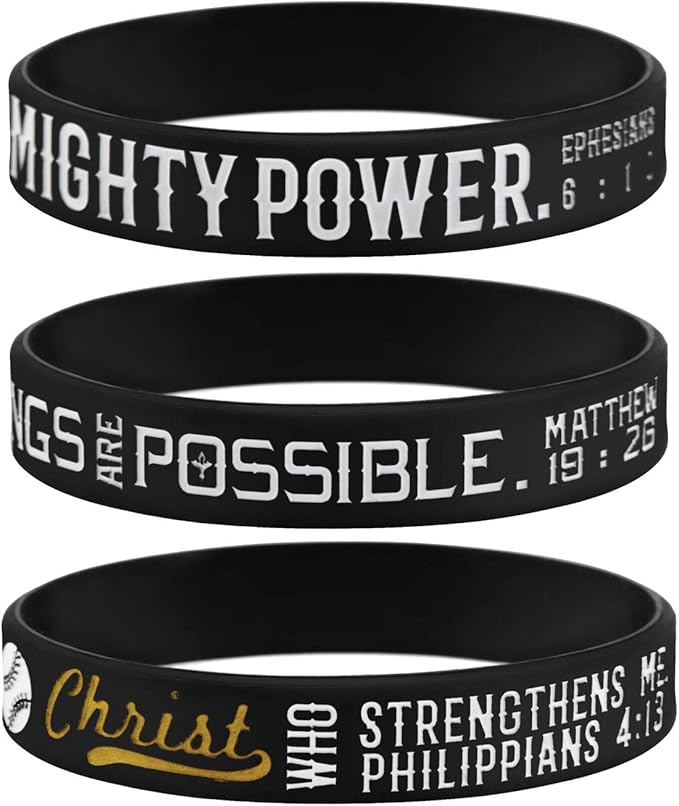 Sainstone Power of Faith Baseball Bible Verse Silicone Wristbands with Christian Inspirational Sayings, Set 3 of Scriptures Motivational Rubber Bracelets Sports Gifts