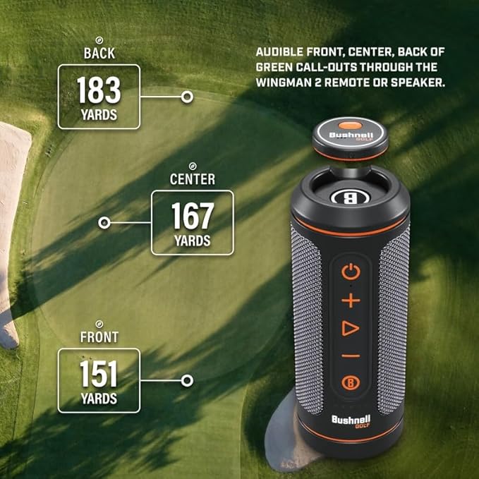 Bushnell Golf Wingman 2 GPS Bluetooth Speaker | Audible Distances, Magnetic Cart Mount, Custom Sound Bites, TWS Pairing & USB-C Charging