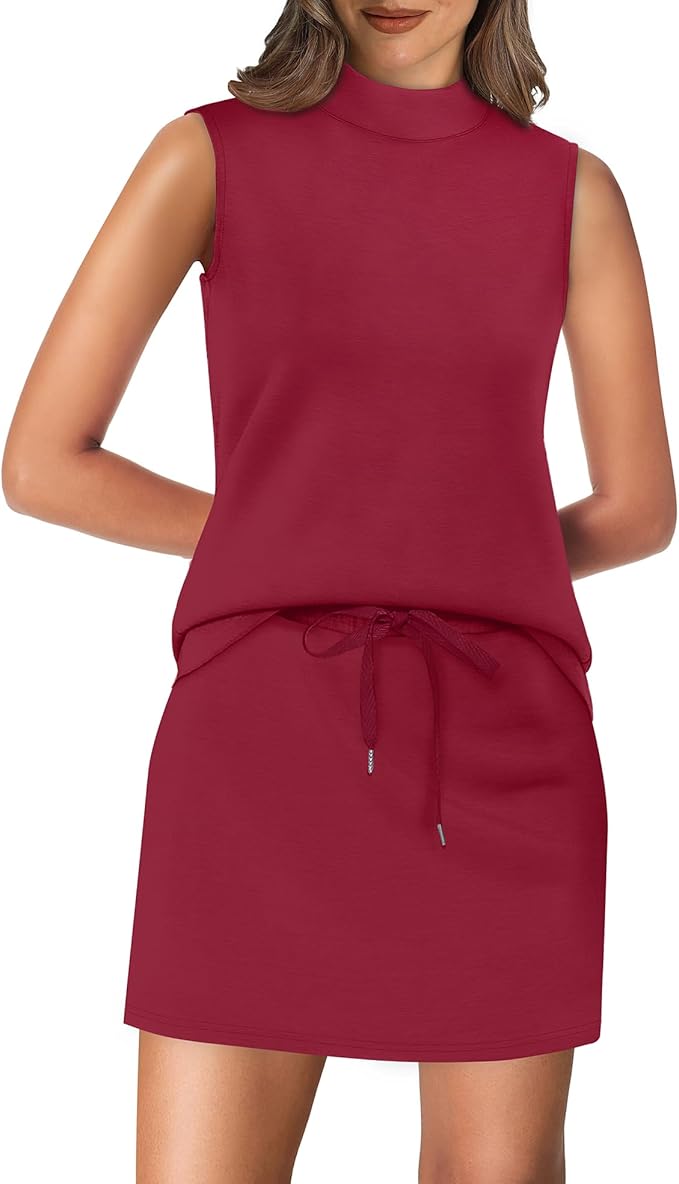 XIEERDUO Two Piece Skirt Sets for Women Summer Beach Vacation Resort Cruise Outfits Mock Neck Tops Tennis Skirt Sets