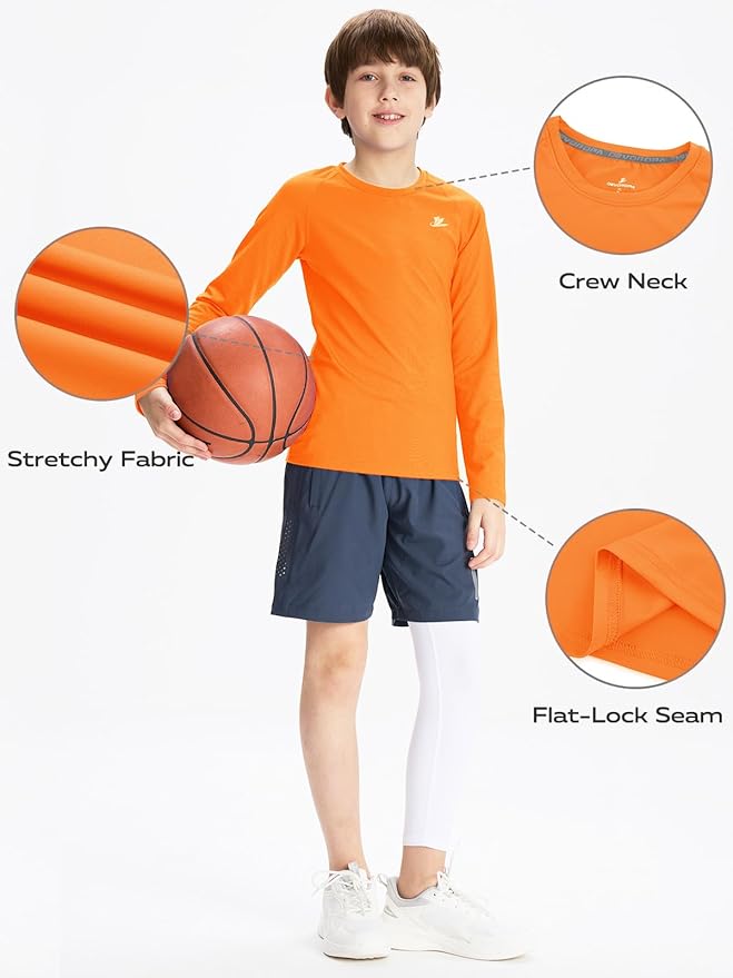 DEVOROPA Youth Boys Compression Shirt Long/Short Sleeve Football Baseball Undershirt Quick Dry Kids Sports Baselayer Crewneck