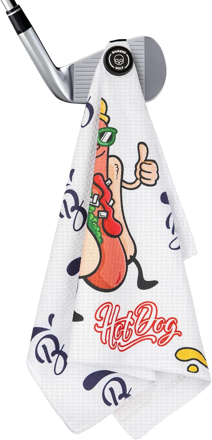 Golf Towel Magnetic Towel for Bags with Clip for Men & Women，Microfiber Fabric Waffle Pattern Golf Towels for Strong Hold to GolfCarts or Clubs (White Hotdog)