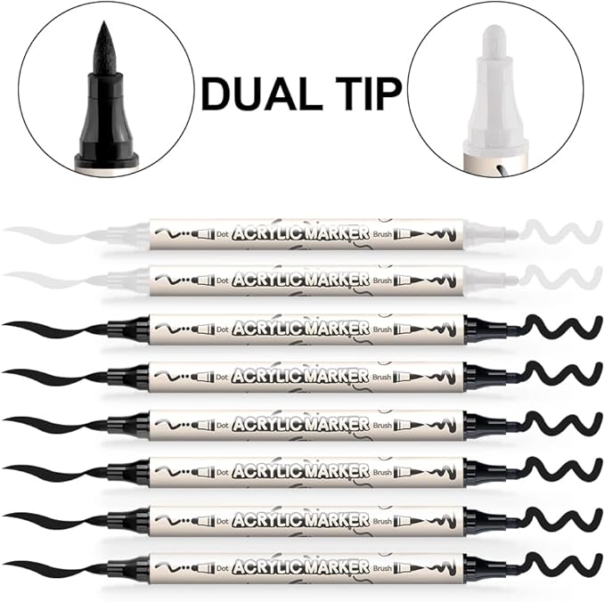 TRANSON 6 Black and 2 White Paint Markers Bold and Brush Dual-tip Acrylic Paint - Image 4