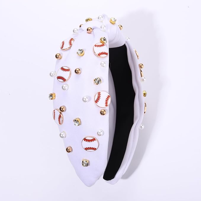 Baseball Headband for Women Baseball Accessories Beaded Crystal Pearl Knotted Headbands Baseball Charm Embellished Headbands Wide Top Knot Sports Game Day Headband Gifts (A-White)
