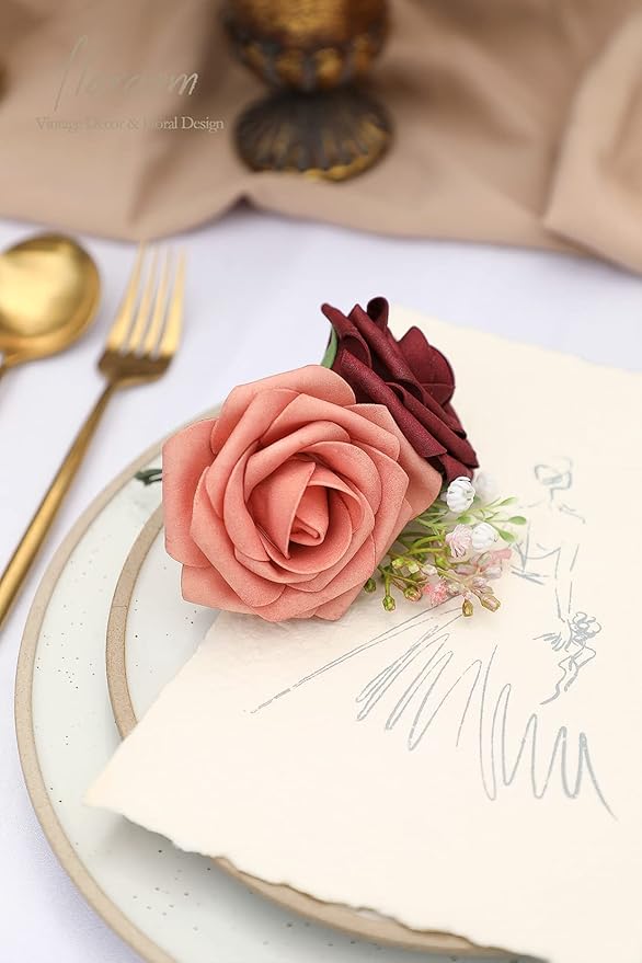 Floroom Artificial Flowers 25pcs Real Looking Burgundy & Pinky Cedar Foam Fake - Image 6