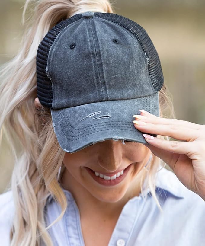 Eohak Distressed Ponytail Hats Baseball for Women Messy-Bun Pony Caps