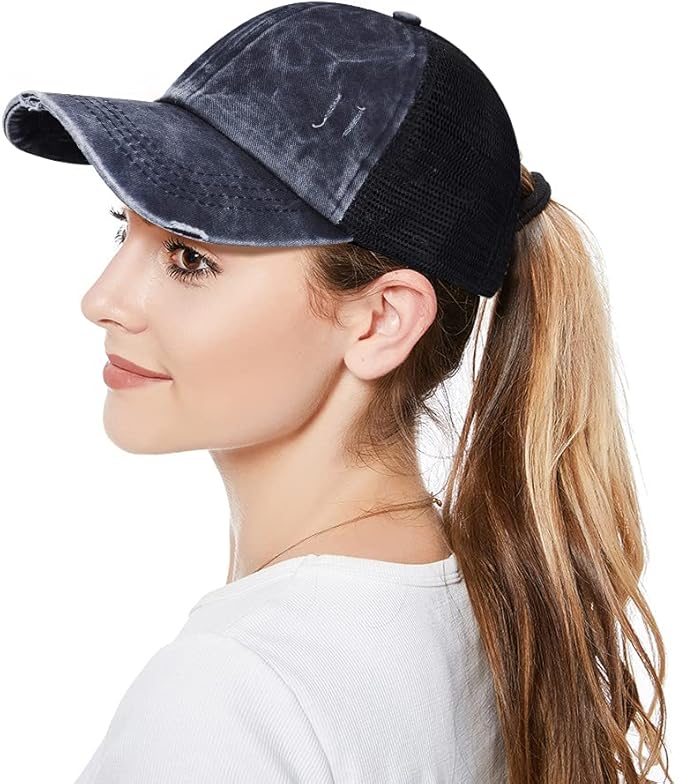 Criss Cross Hat Washed Distressed Baseball Cap Ponytail Hat High Messy Bun Ponycap for Women