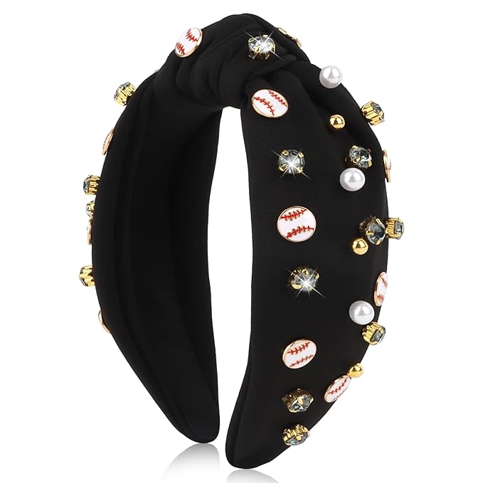 Baseball Headbands for Women Crystal Baseball Embellished Wide Top Knot Headband for Women Game Day Hair Accessories (Black)