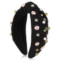Baseball Headbands for Women Crystal Baseball Embellished Wide Top Knot Headband for Women Game Day Hair Accessories (Black)
