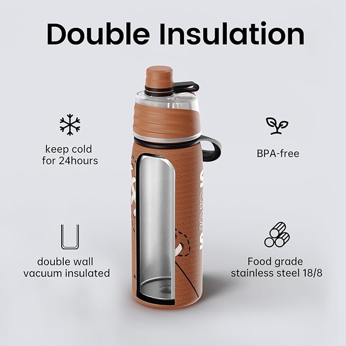 Football Water Bottle - 20oz Insulated Misting Water Bottles Stainless Steel 3D Textured - Football Accessories Gift for Kids