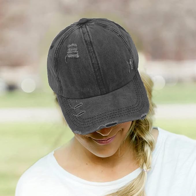 Womens Criss Cross Ponytail Baseball Cap Distressed Ponytail Hat High Messy Bun Trucker Ponycap for Outdoor Sports