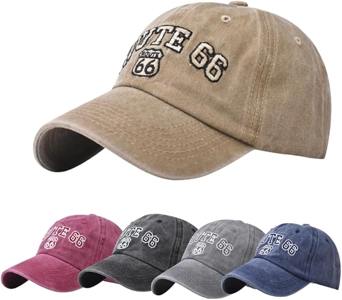 Vintage Washed Cotton Baseball Caps for Women Men Classic Route 66 Embroidered Sun Protection