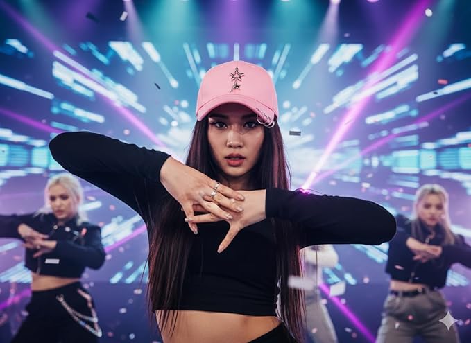 K-pop Metallic Fitted Cap with Ring Chain, Unique Design, Star Embellishment