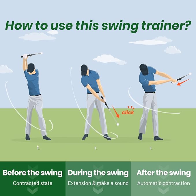 5-in-1 Retractable Golf Swing Trainer, Training Aid with Grip Trainer, Swing Mechanics for Beginners & Tempo Training for Advanced, Click Feedback, Arm Connection, Right/Left-Handed, Indoor/Outdoor