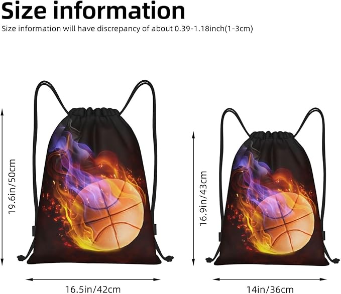 Kids Drawstring Bag with Fire Basketball for Boys, Sports Drawstring Backpack for Teens Boys Girls Adults Women Men, Black Daypack Bag for Work Gym Swim Travel Hiking School, Small
