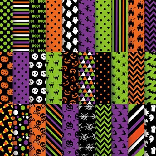 JarThenaAMCS 60Pcs Halloween Fabric Squares Pumpkin Black Cat Ghost Witch Cotton Fabric Bundles Small Green Purple Black Orange Sewing Fabrics for DIY Sewing Craft Decor