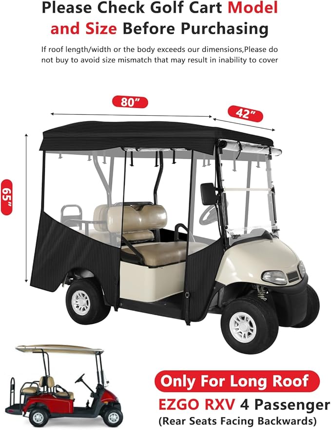 Golf Cart Enclosures 4 Passenger 80“ Extended Roof for Ezgo RXV,600D Clear Rain Cover Driving Enclosure 4 Seater,Full Roll Up 4 Sided Transparent Windows&Door Heavy Duty Zipper,Side Mirrors Openings