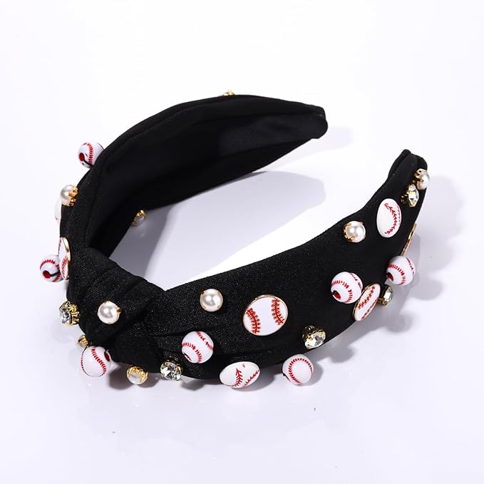 Baseball Headband for Women Baseball Accessories Beaded Crystal Pearl Knotted Headbands Baseball Charm Embellished Headbands Wide Top Knot Sports Game Day Headband Gifts (Black)