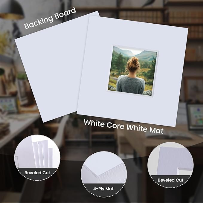 Falling in Art 5 Pack Acid Free 8x8'' White Picture Mats Board Show Kit - Image 4