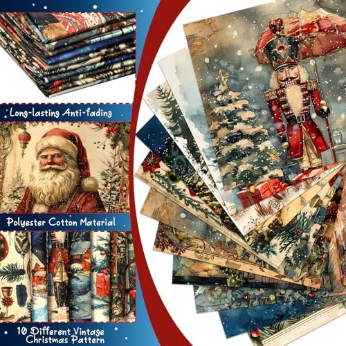 Hahafelt 10 Pcs Vintage Christmas Quilting Fabric Bundles 20 x 20 Inch