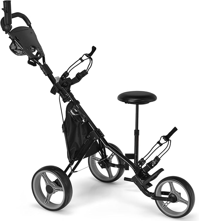 Tangkula Golf Push Pull Cart with Seat, Lightweight Foldable Collapsible 3 Wheels Push Cart, Golf Trolley with Foot Brake, Adjustable Umbrella Holder & Seat, 4 Height Position Handle