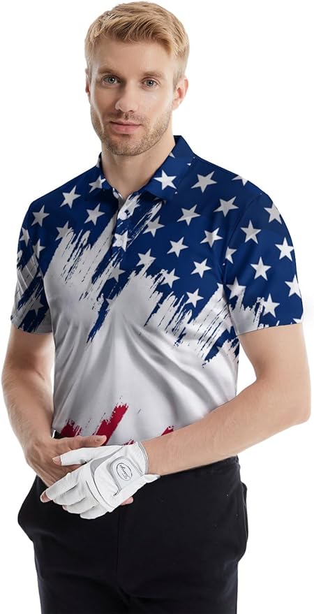 HUURAY Funny Golf Polos for Men Funny Print Short Sleeve Shirts Quick Dry Polo Shirts Hawaiian Shirt Performance Golf Outfits