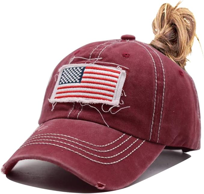 Women American Flag Ponytail Hat, Embroidery Adjustable Washed Distressed Messy Bun Baseball Cap …