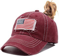 Women American Flag Ponytail Hat, Embroidery Adjustable Washed Distressed Messy Bun Baseball Cap …