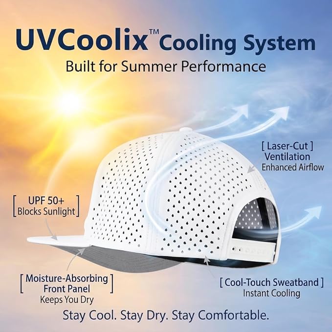UVCoolix™ Cooling Sweatband Flat Bill Golf Baseball Cap,Breathable Sun Protection,Water-Resistant Snapback Performance Hat