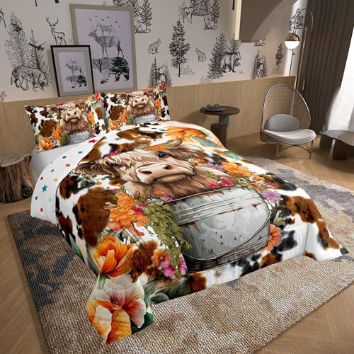 Highland Cattle Cup Comforter Set for Kids Adults,Retro Cow Skin Farmhouse Animal Soft Bedding Comforter Sets Queen,Watercolor Wild Flowers Rustic Style Quilt Comforter with 2 Pillowcases