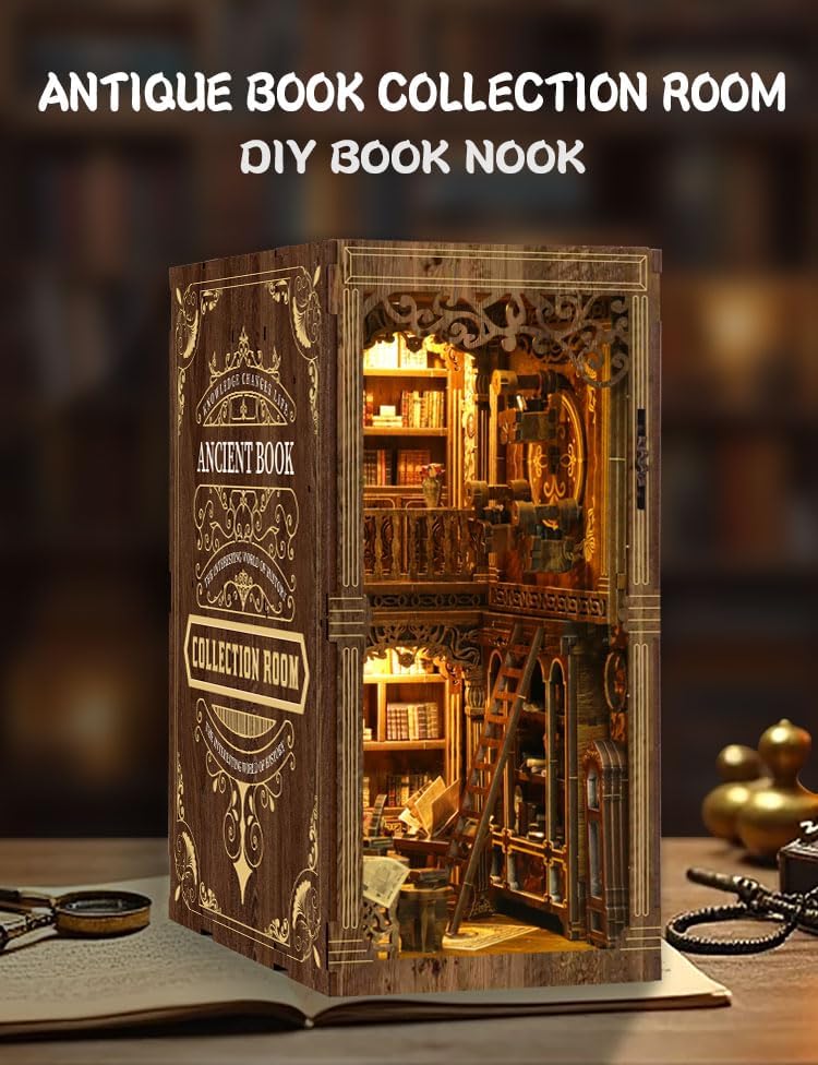 Magic Retro Library Bookend - 3D Wooden Bookshelf Decor with LED Lights for Vintage Study Room