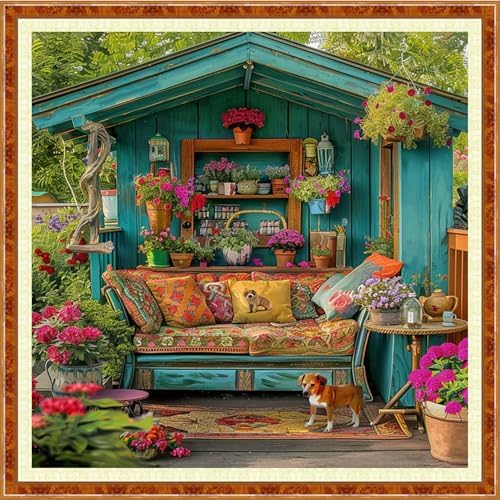 Joyhoor Stamped Cross Stitch Kits for Beginners Needlepoint Kits for Adults Embroidery Kits 11CT Counted Cross Stitch Kits Printed Embroidery Pattern-A Corner of a Beautiful Garden 18x18 inch