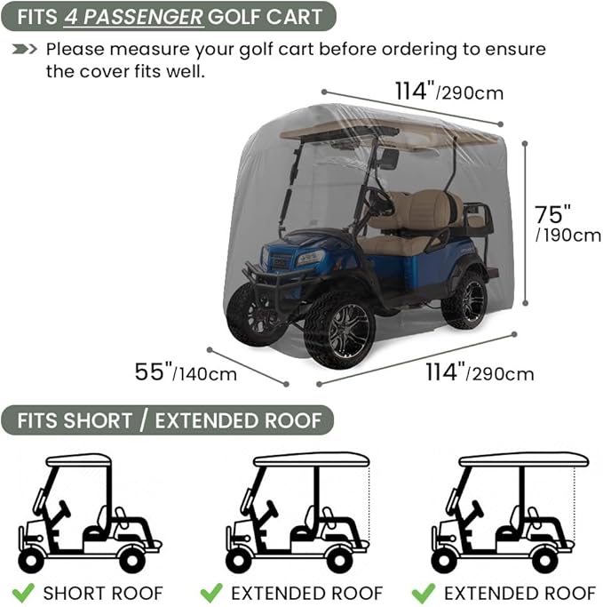 Golf Cart Cover 2/4/6 Passenger, All-Weather Protection Golf Cart Rain Covers, UV Resistant with Windproof Buckle Golf Cart Accessories (Fits for Club Car, for EZGO, for Yamaha)